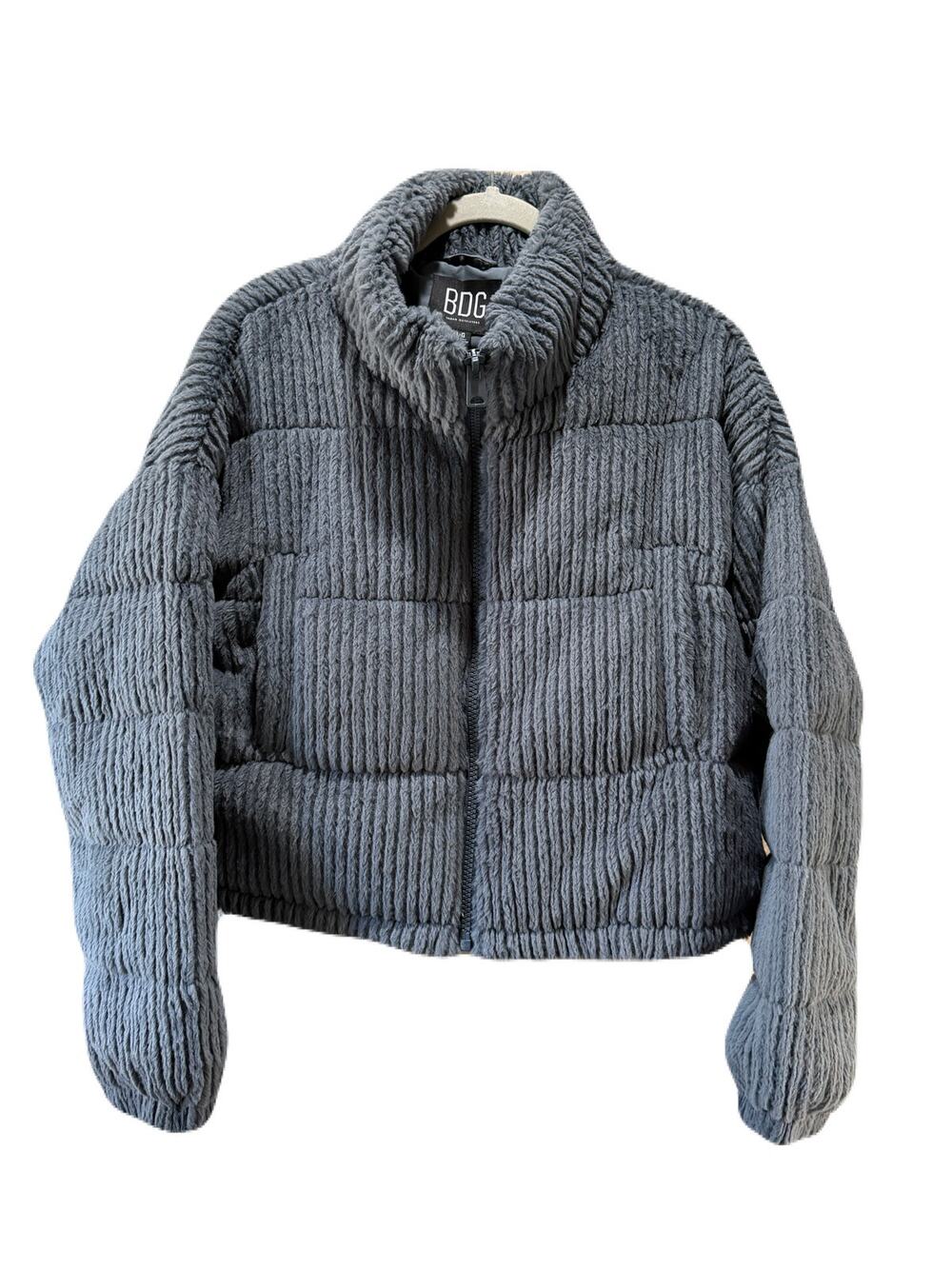 BDG Urban Outfitters Jacket Gray Fluffy Corduroy Crop Puffer Jacket Size Large